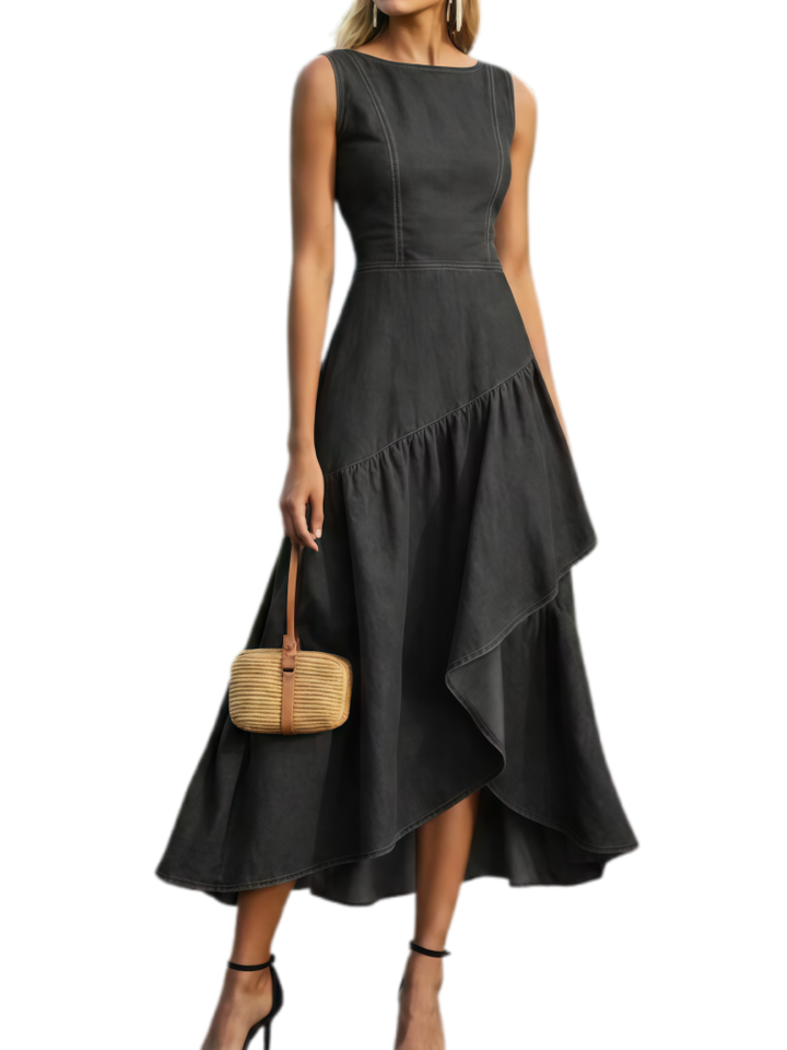 Sleeveless Irregular Ruffle Denim Dress