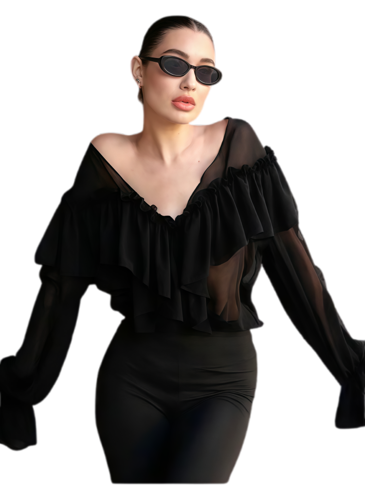 Ruffled V Neck Blouse | Oversized Flared Bell Long Sleeve Loose Chiffon Top