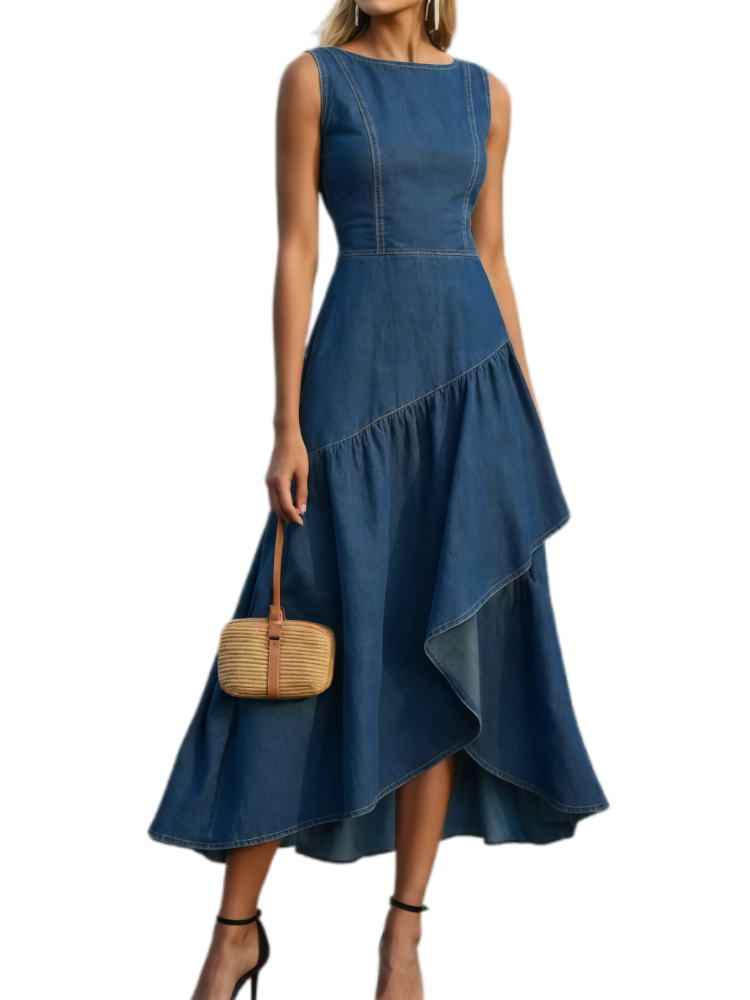 Sleeveless Irregular Ruffle Denim Dress