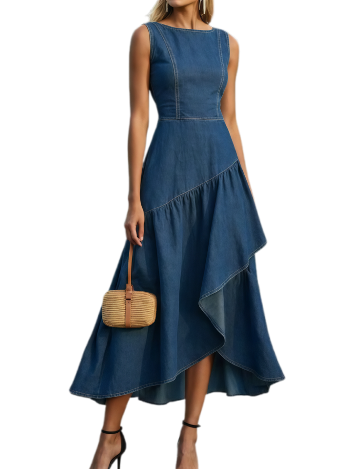 Sleeveless Irregular Ruffle Denim Dress