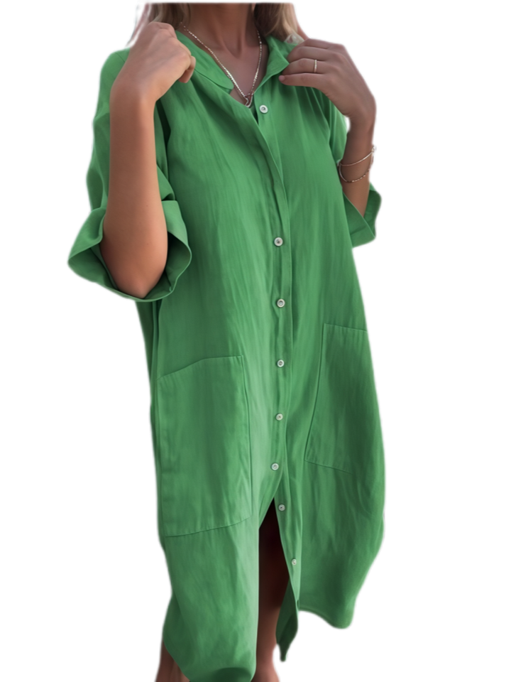 Loose-fitting casual mid-sleeve cotton linen shirt dress